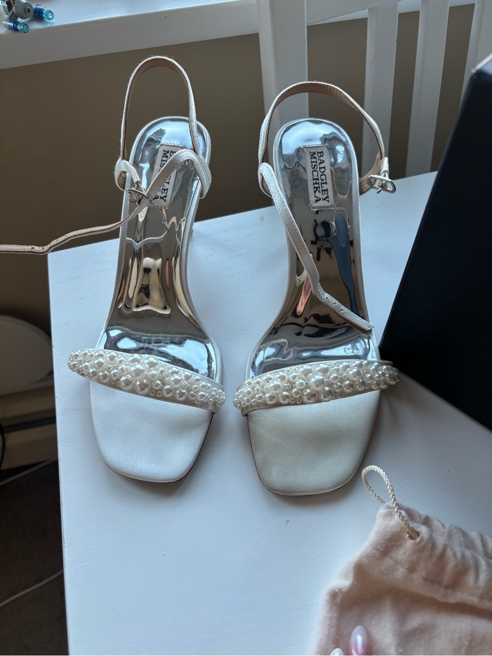 Badgley Mischka Pearl-Embellished Ivory Strap Heels